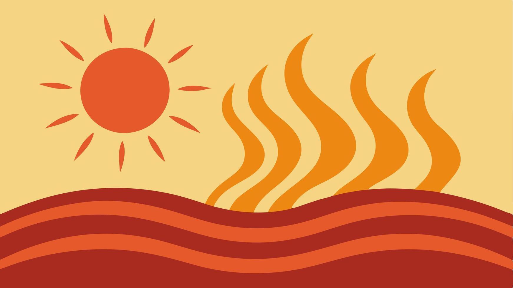 Heat Waves Wavy lines emanating from a hot sun over a dry grassy field indicating excessive heat contributing to wildfire risks.. vector