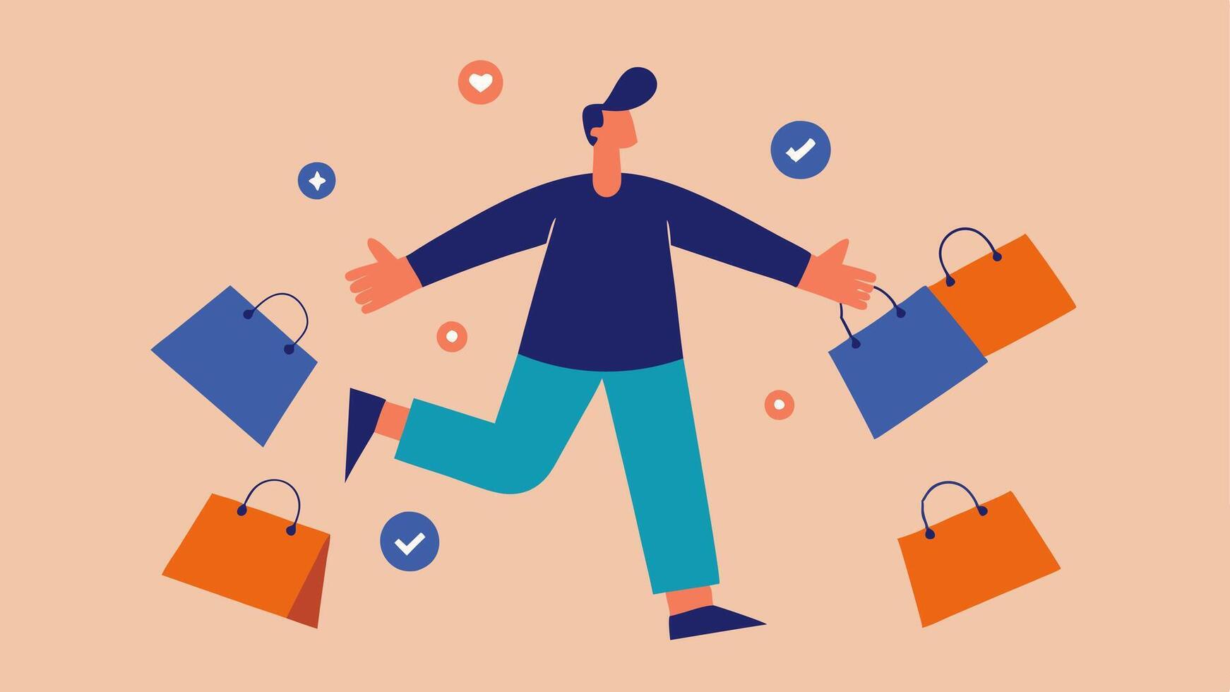 Hurdling Obstacles A dynamic illustration of a person attempting to navigate through a crowded marketplace while juggling several large shopping bags. They have wide eyes and their. vector