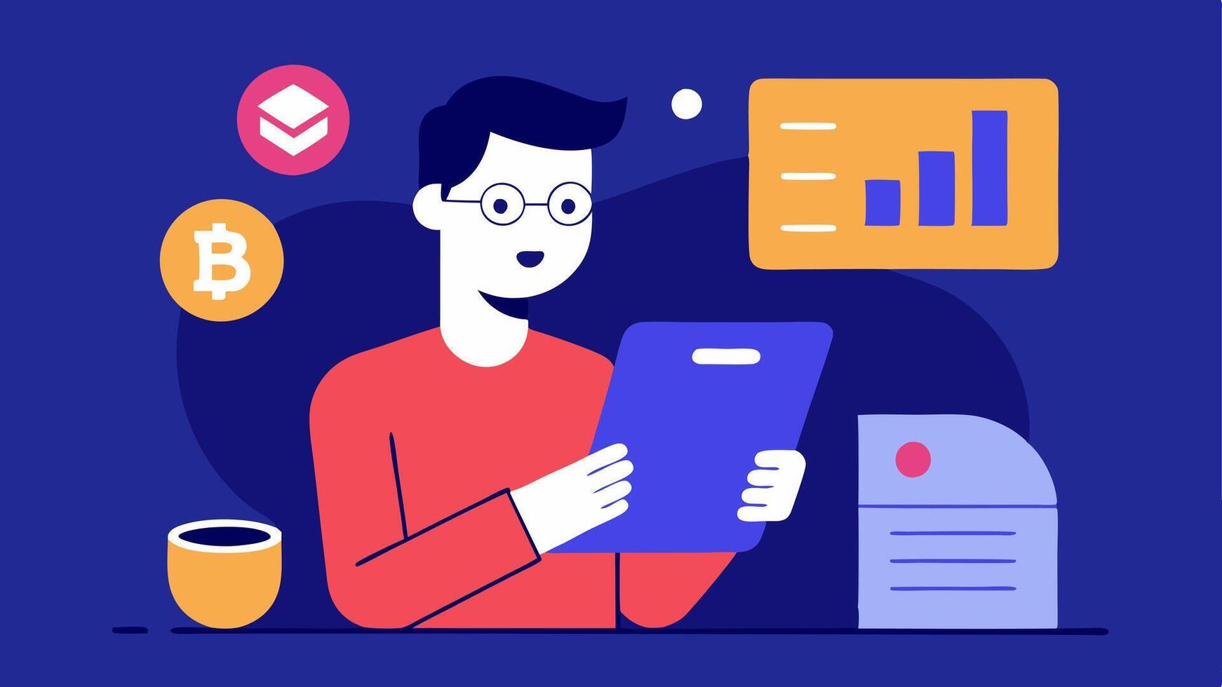 Learning About Crypto A curious user reading articles on a tablet about cryptocurrency management while referring to a digital wallet application.. vector