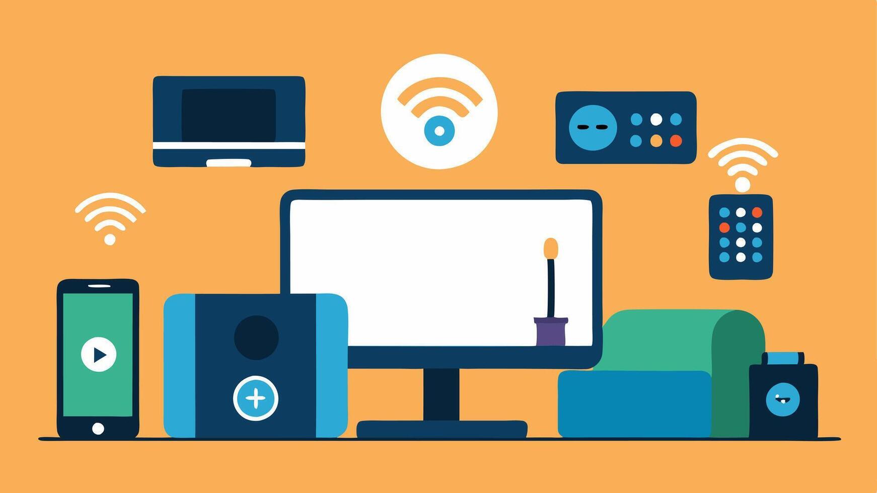 IoTBased Entertainment System A living room with a smart TV connected to various devices gaming console streaming box sound system all operable via a single remote or an app on a. vector
