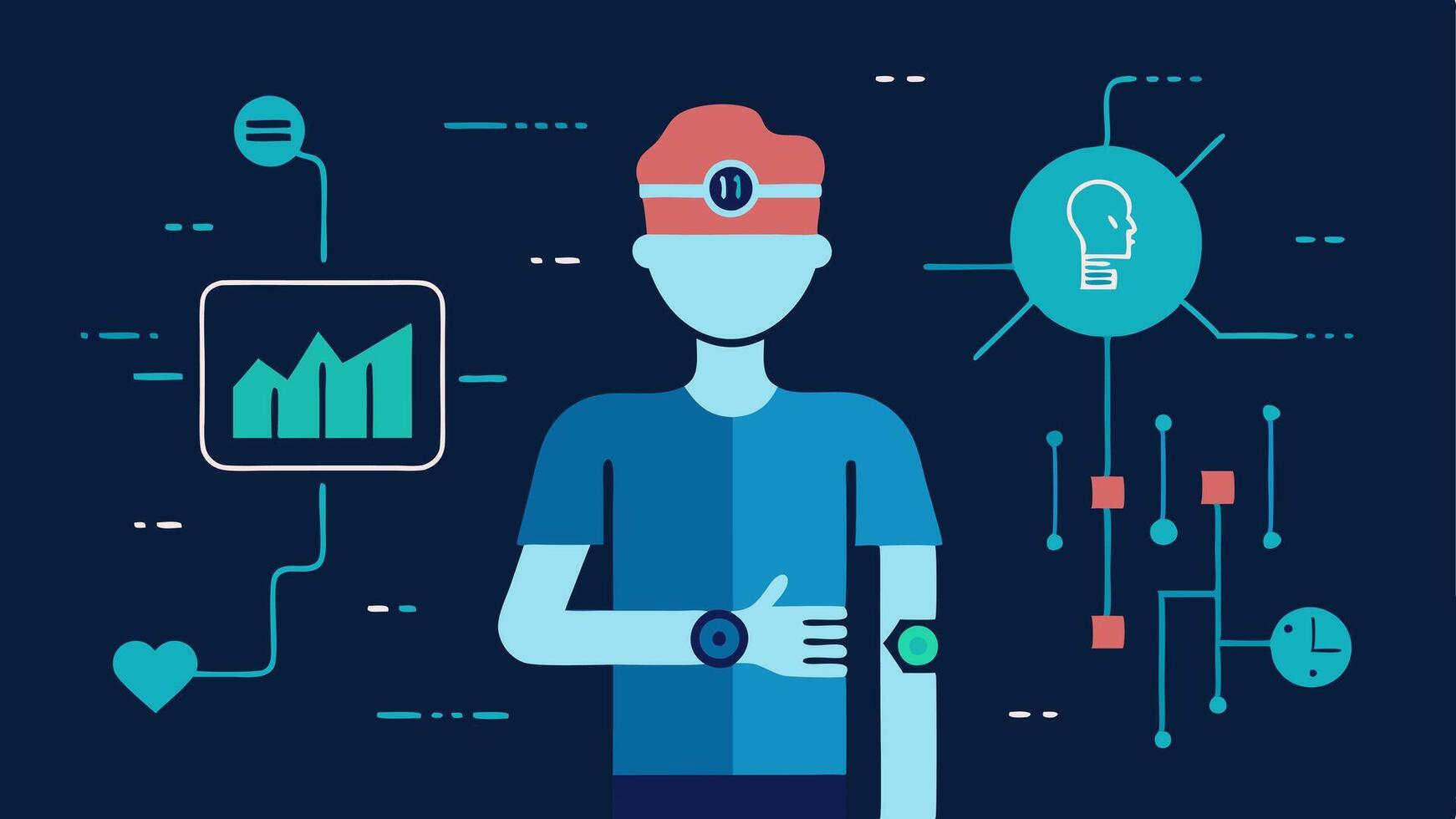 Health Monitoring Wearables An illustration of a person wearing smart devices watch and band that monitor vital signs with a glowing AI figure in the background analyzing data.. vector
