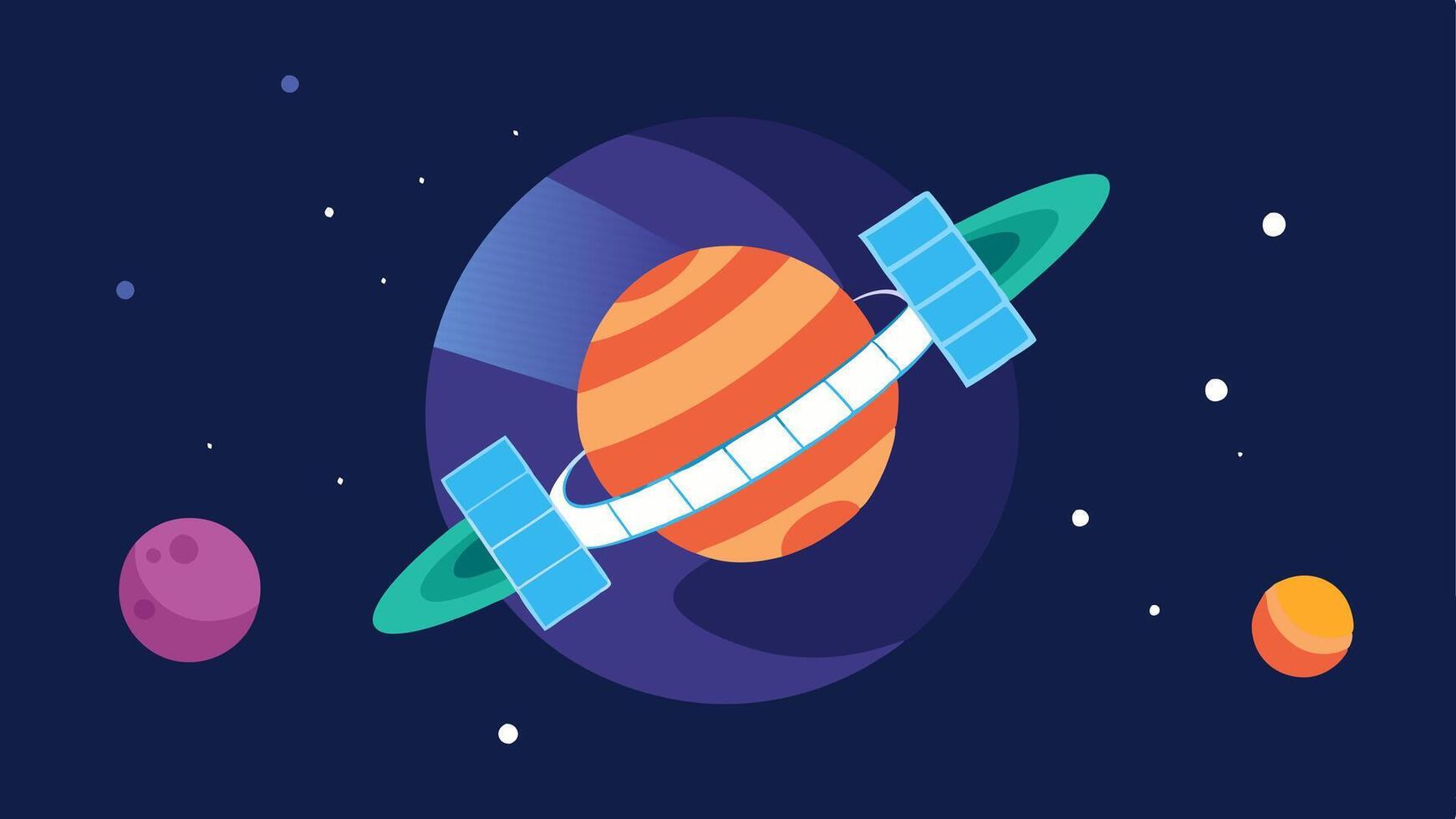 Orbiting Space Station A circular space station with solar panels extending outward slowly rotating as it orbits around a colorful planet in the background.. vector