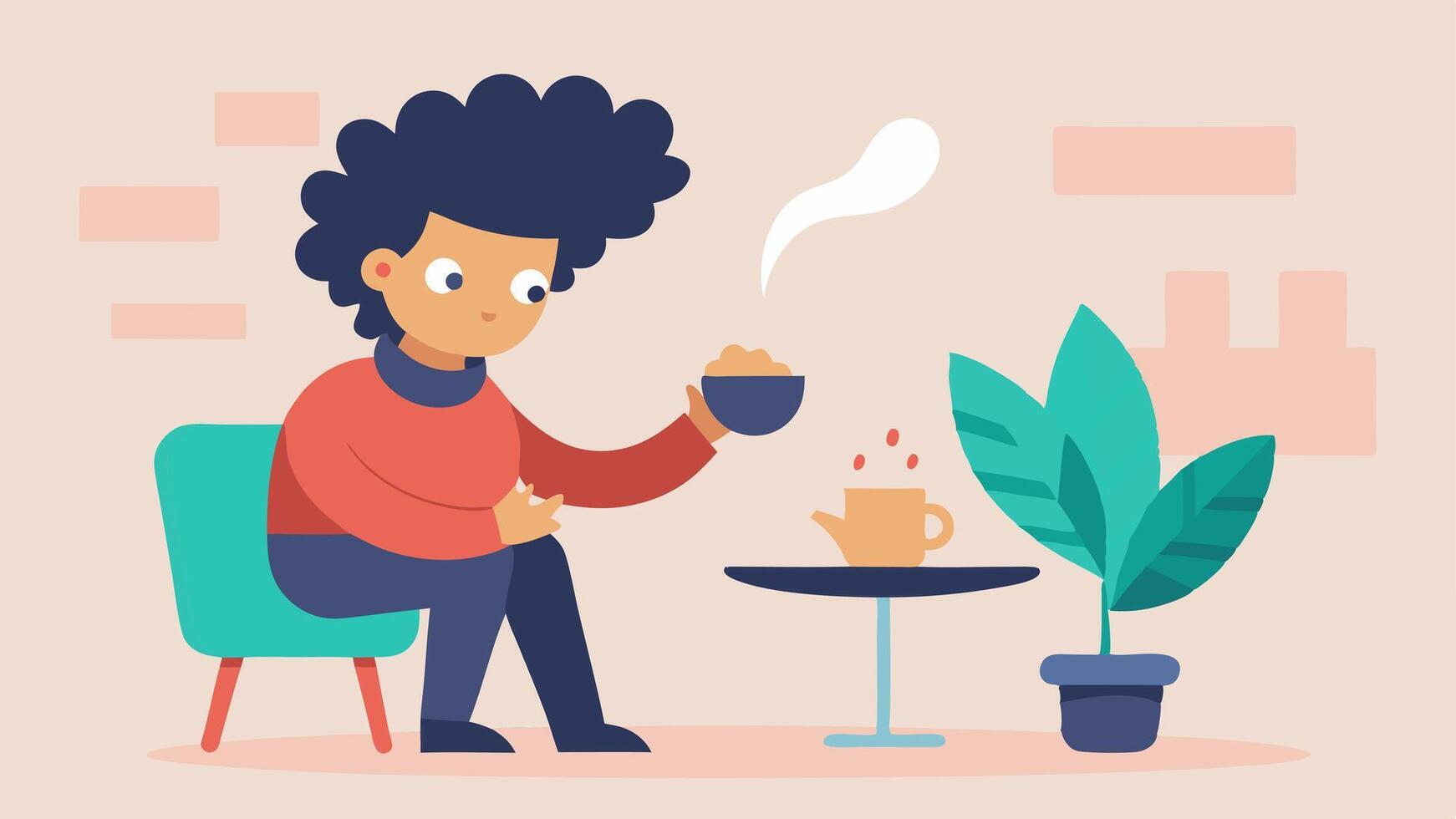 Surprised Coffee Drinker A character with tousled hair sitting at a small round table in a cozy coffee shop. Their eyes are wide and mouth slightly agape in shock as they look down. vector