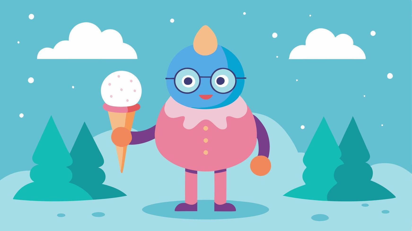 Fantasy Treat A whimsical character with oversized glasses is depicted holding a colossal ice cream cone in a magical environment. The scoop is fantasythemed including sparkles and. vector