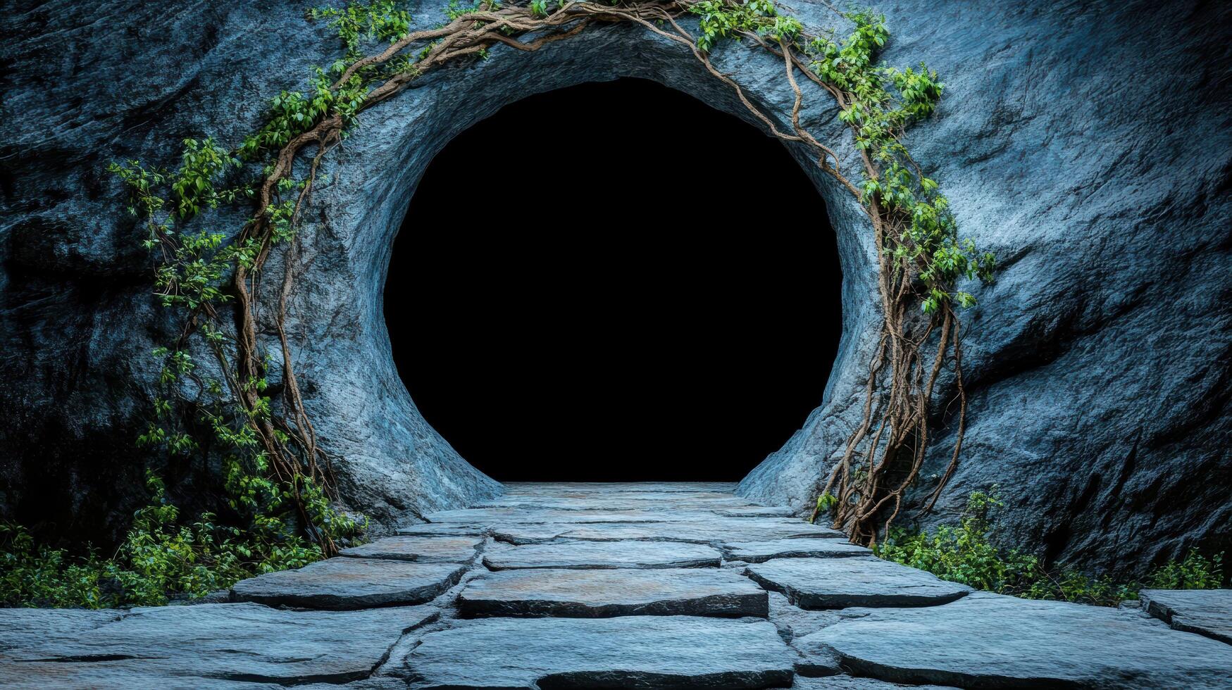 An open door to a cave with stone steps photo