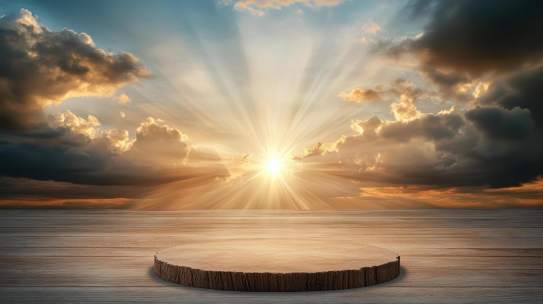 An empty wooden podium on a wooden table with sun rays coming through the clouds photo