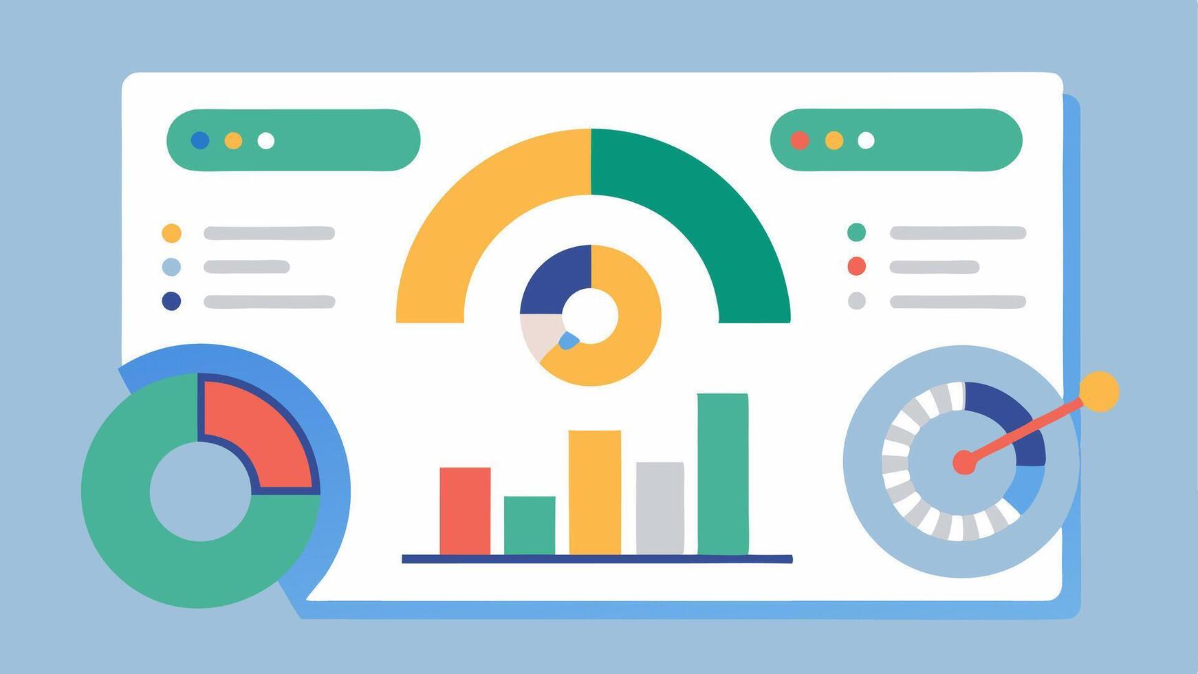 Model Evaluation Illustrate various metrics in a dashboard format such as accuracy and precision scores represented by dials and bar charts alongside a completed model in the. vector
