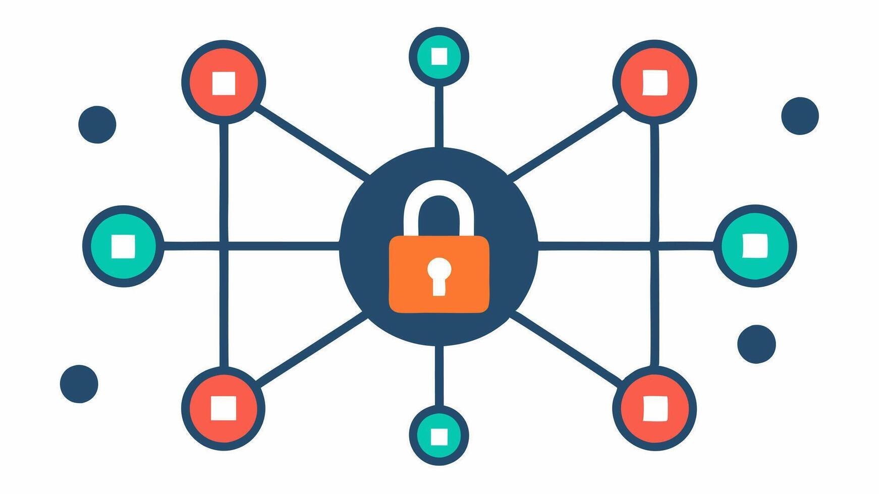 red seguridad un red diagrama con interconectado nodos y un grande bloquear símbolo en el centrar representando un seguro comunicación red.. vector