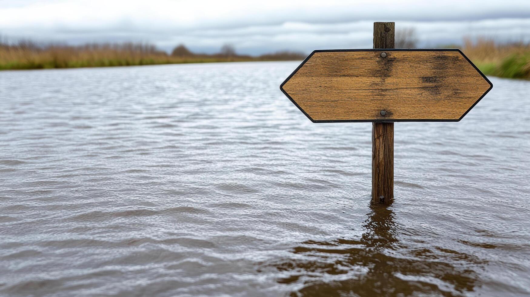 A wooden sign in the middle of a flooded field photo