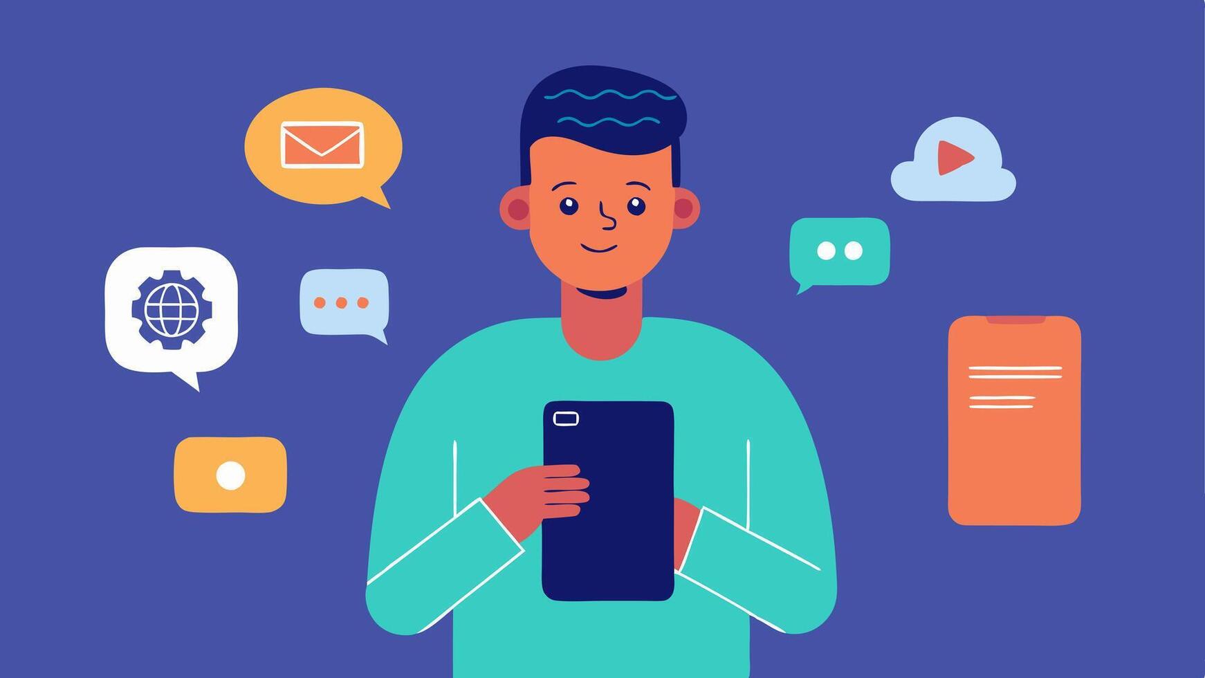 Mobile Learning App An individual using a smartphone with an AIpowered language app displaying tailored lessons and quizzes matching their learning pace and interests.. vector