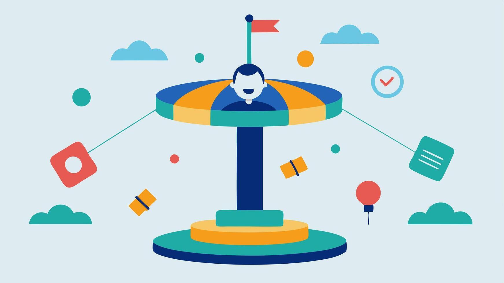 Carousel of Choices A spinning carousel with different choice icons food travel work while a dizzy character tries to keep up.. vector