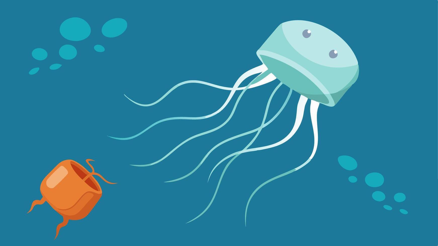 Jellyfish Entangled in Plastic A jellyfish floats gracefully but its tentacles are tangled in a jelly container drawing attention to the hazardous effects on marine life.. vector