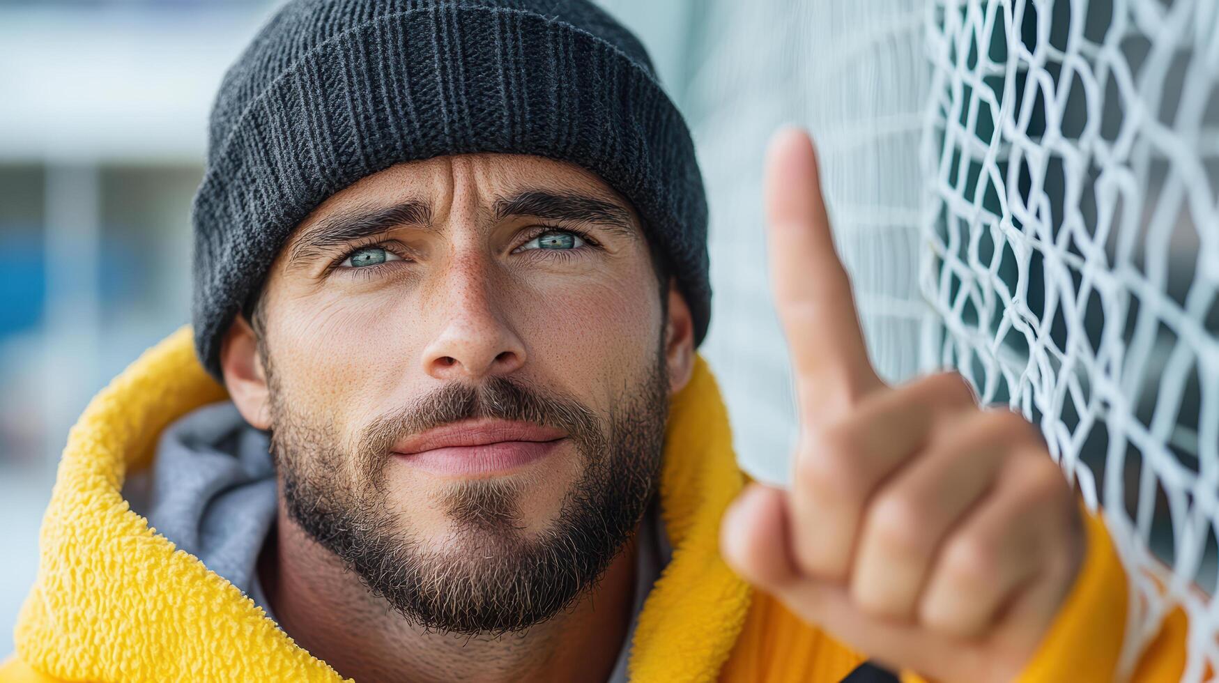 A man in a beanie pointing at something photo