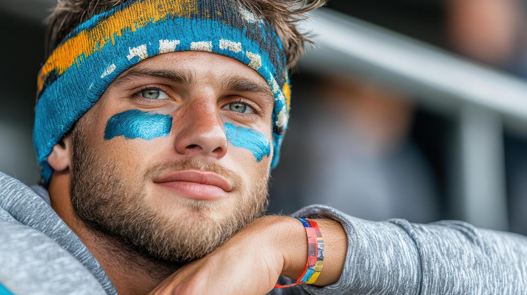 A man with blue paint on his face is sitting in a stadium photo