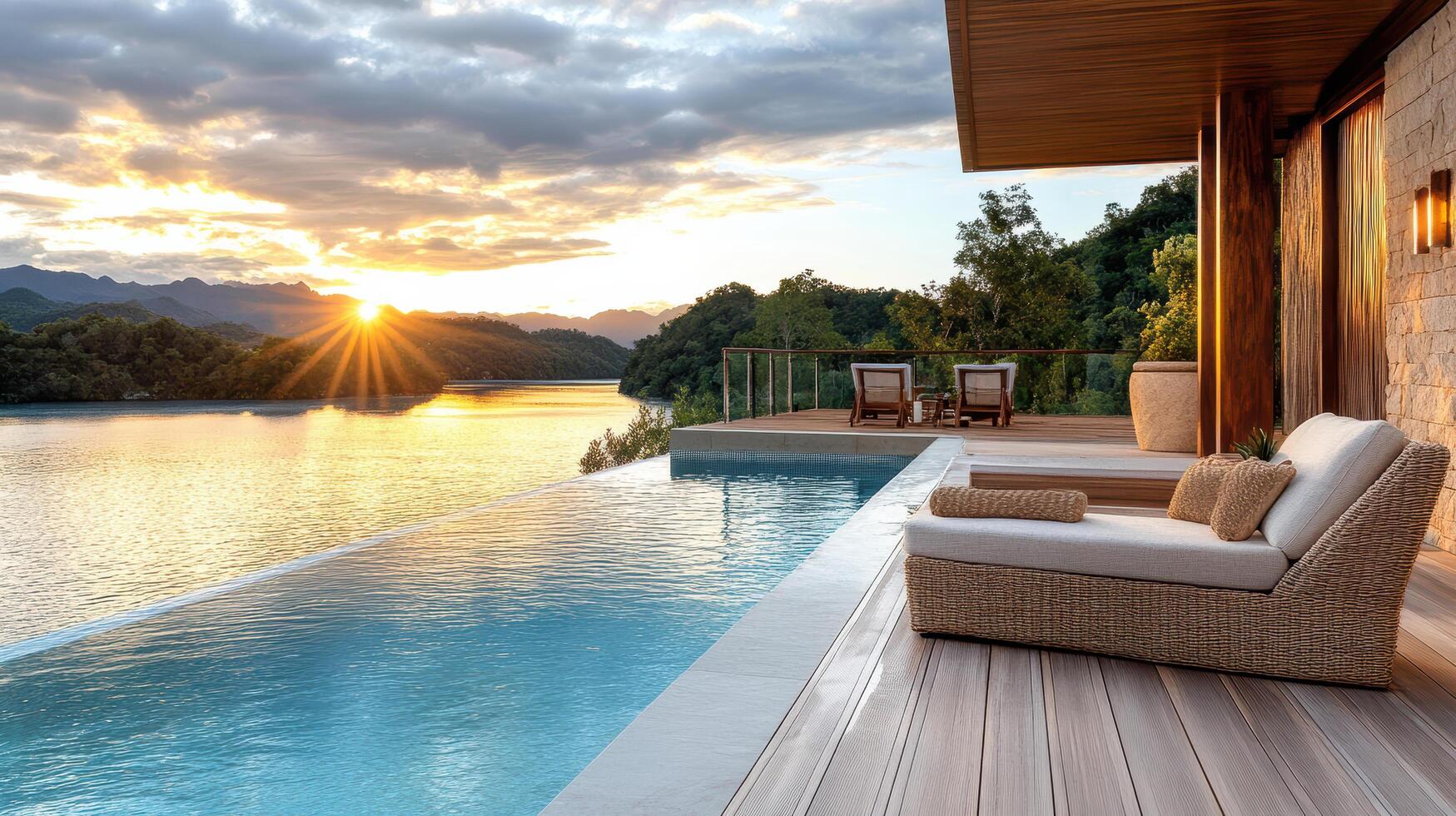 A lounge chair sits on the deck of a house overlooking the water photo