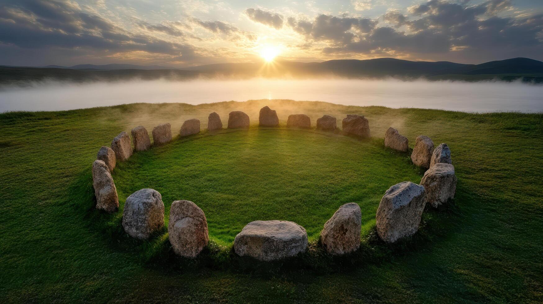 A circle of stones in the middle of a grassy field photo