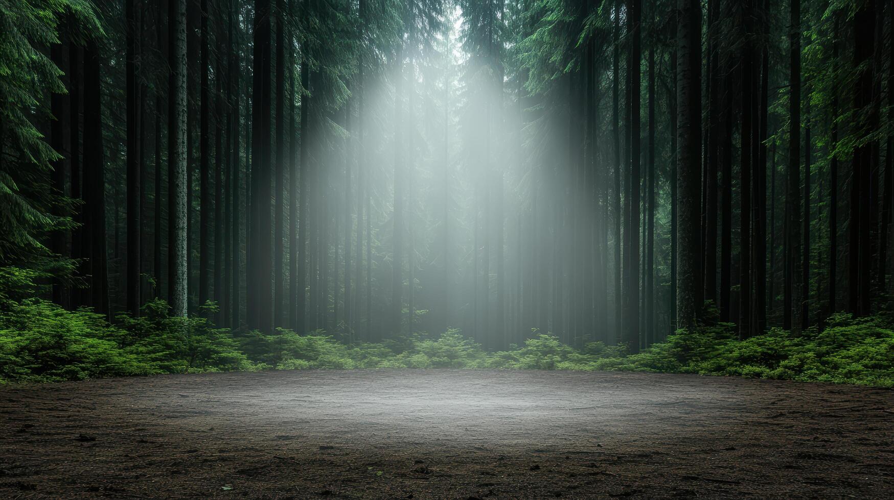 A dark forest with a light shining through the trees photo