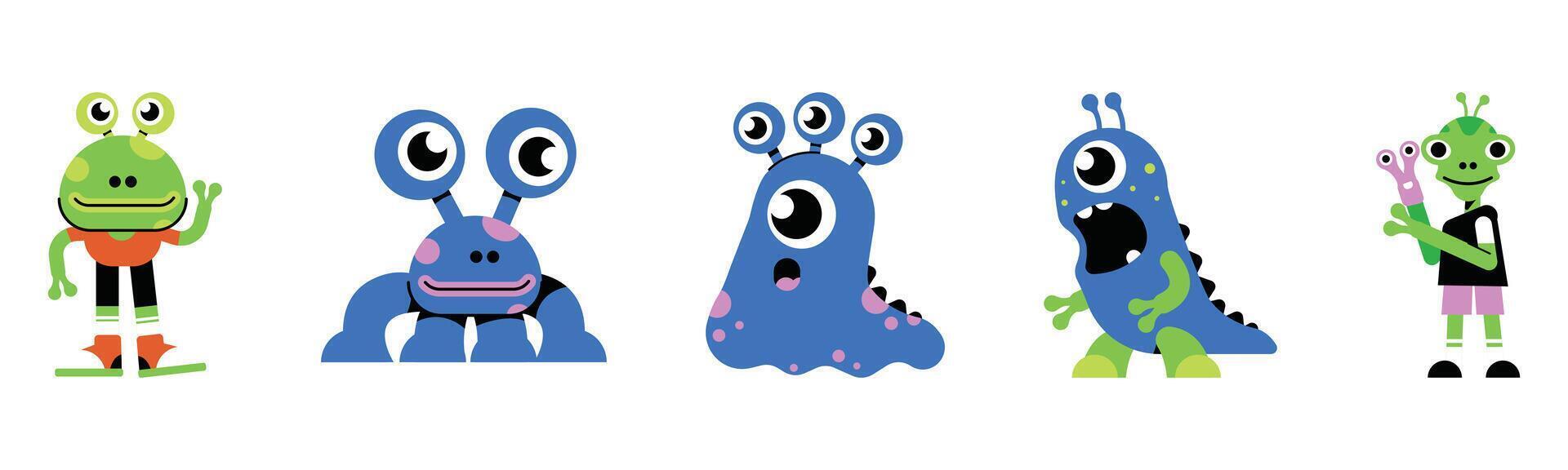 Collection of vibrant, cartoonish alien characters showcasing diverse designs and expressions vector