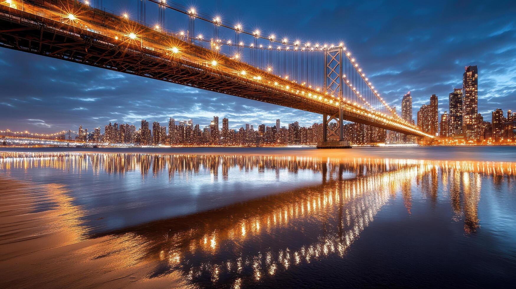 The manhattan bridge at night with lights reflecting in the water photo