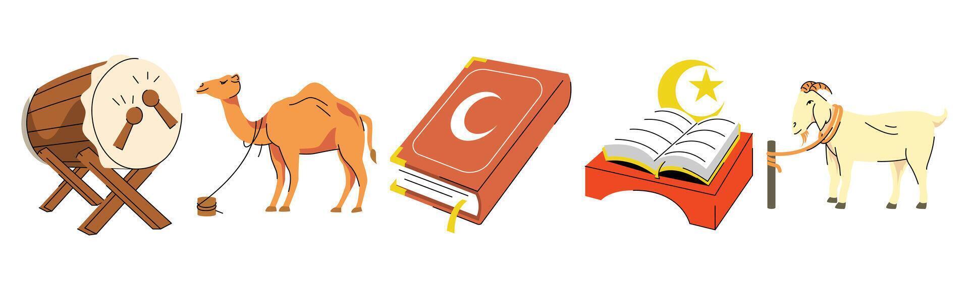Eid al-Adha festival symbols illustration featuring a camel, drum, quran and goat vector