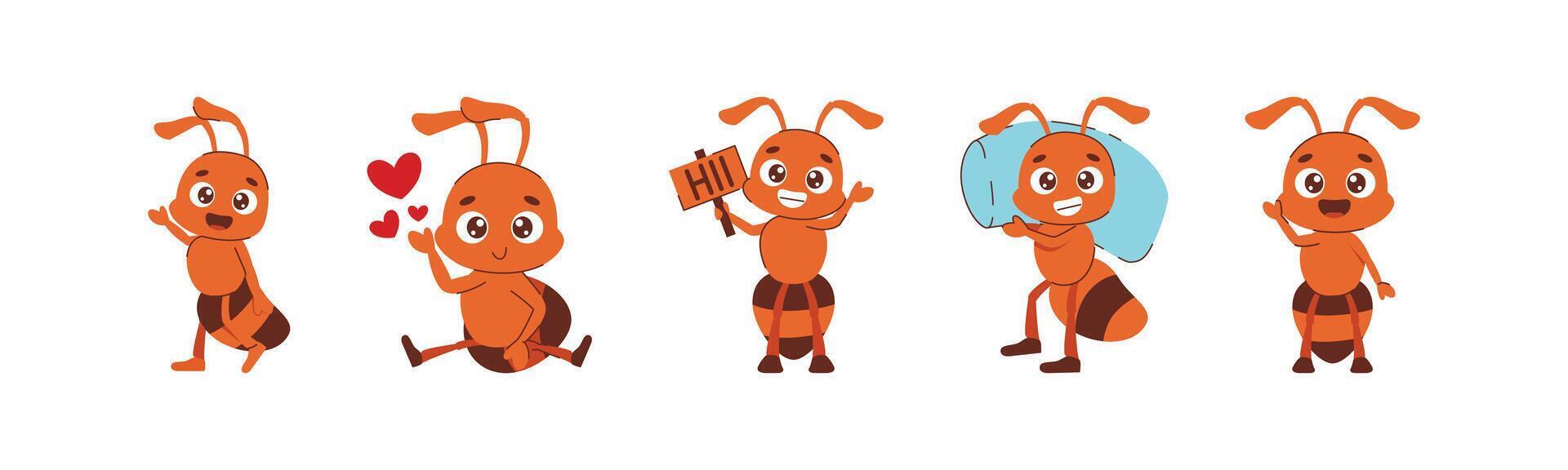 Collection of Cheerful Cartoon Ants Expressing Emotions and Actions with Joy vector
