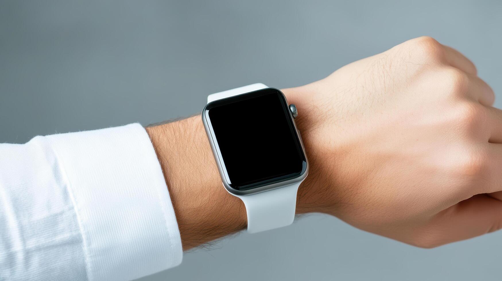 A person wearing a white shirt and a black apple watch photo