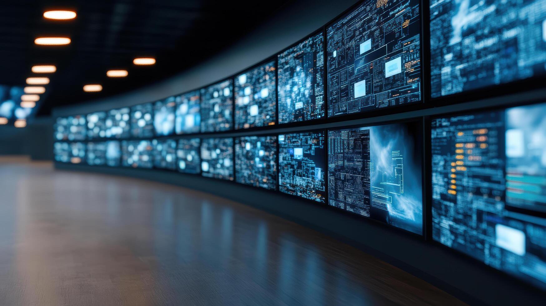 A long row of monitors in a room with many screens photo