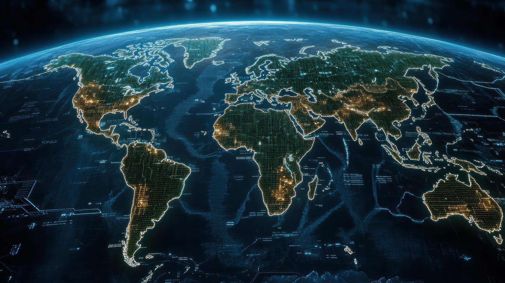 The world map with lights and cities in the background photo