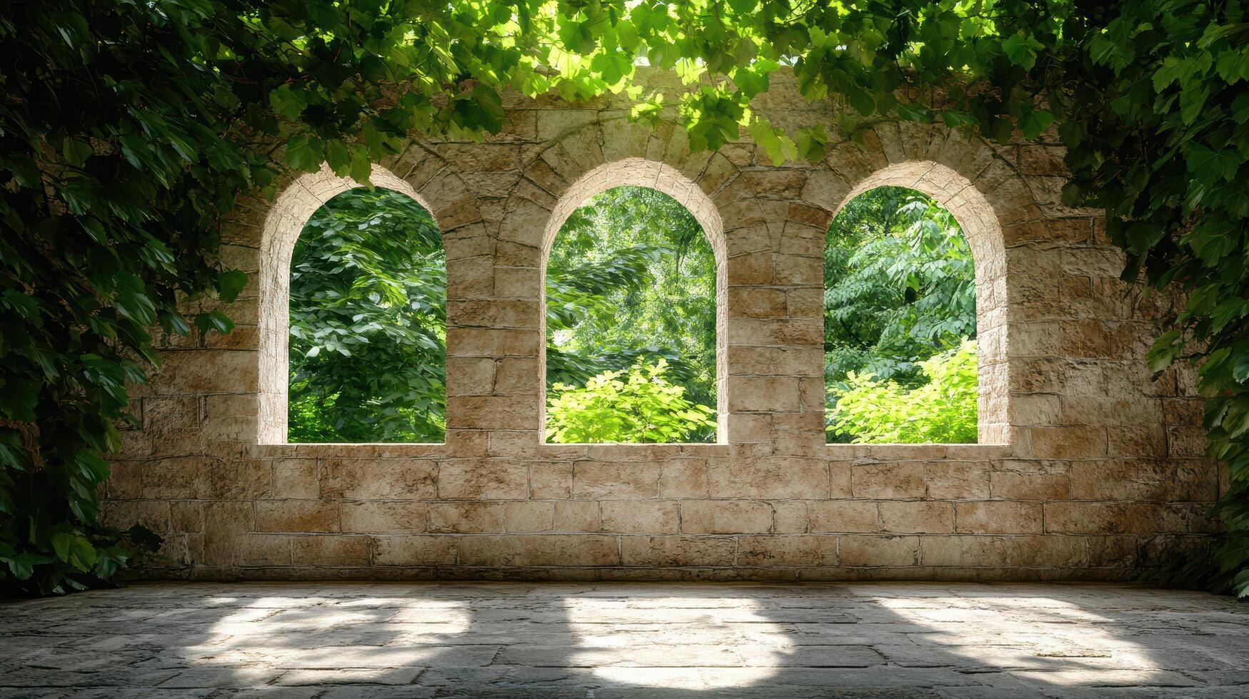 An old stone wall with arched windows and green plants photo