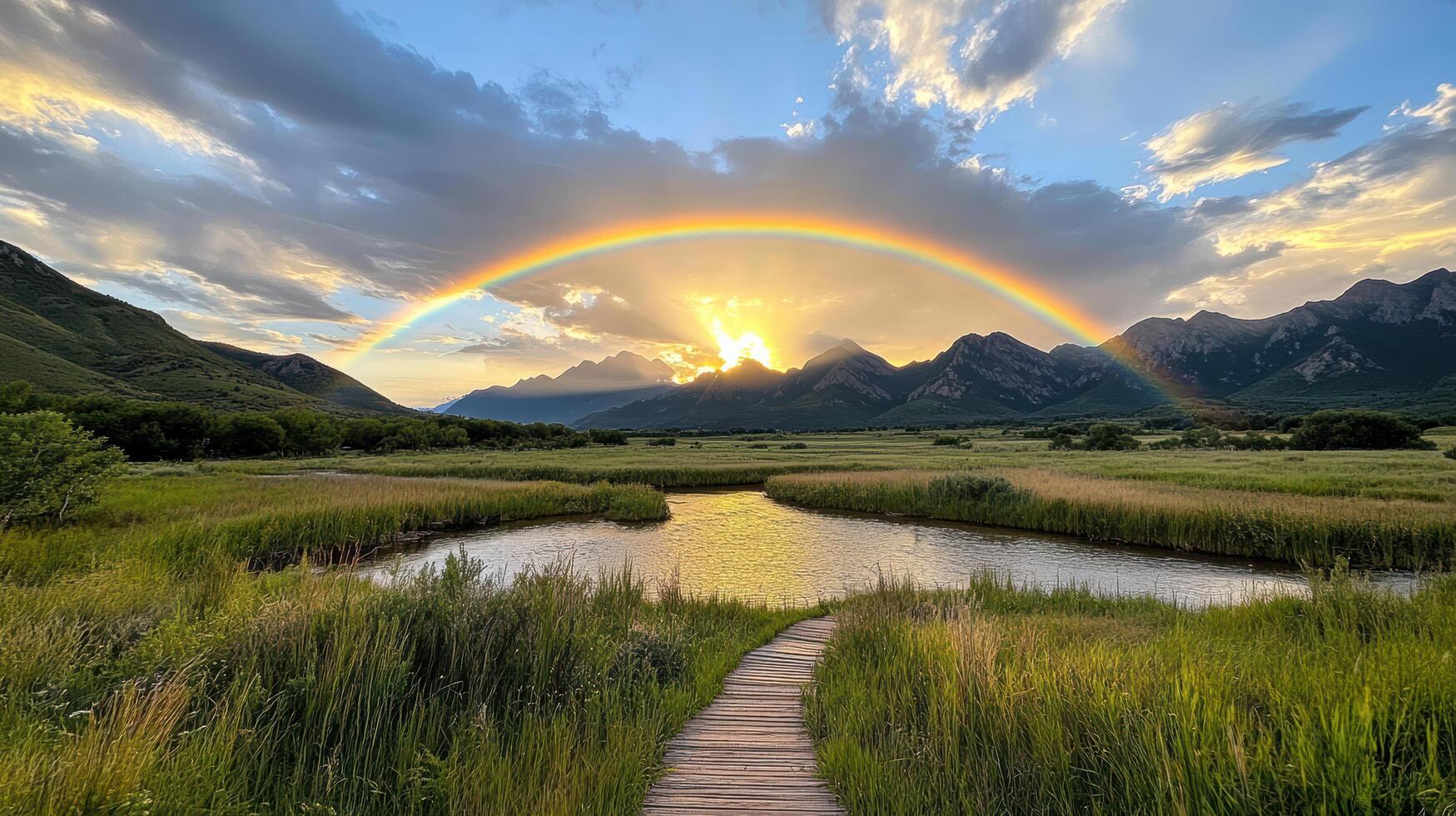 A rainbow over a river and mountains photo