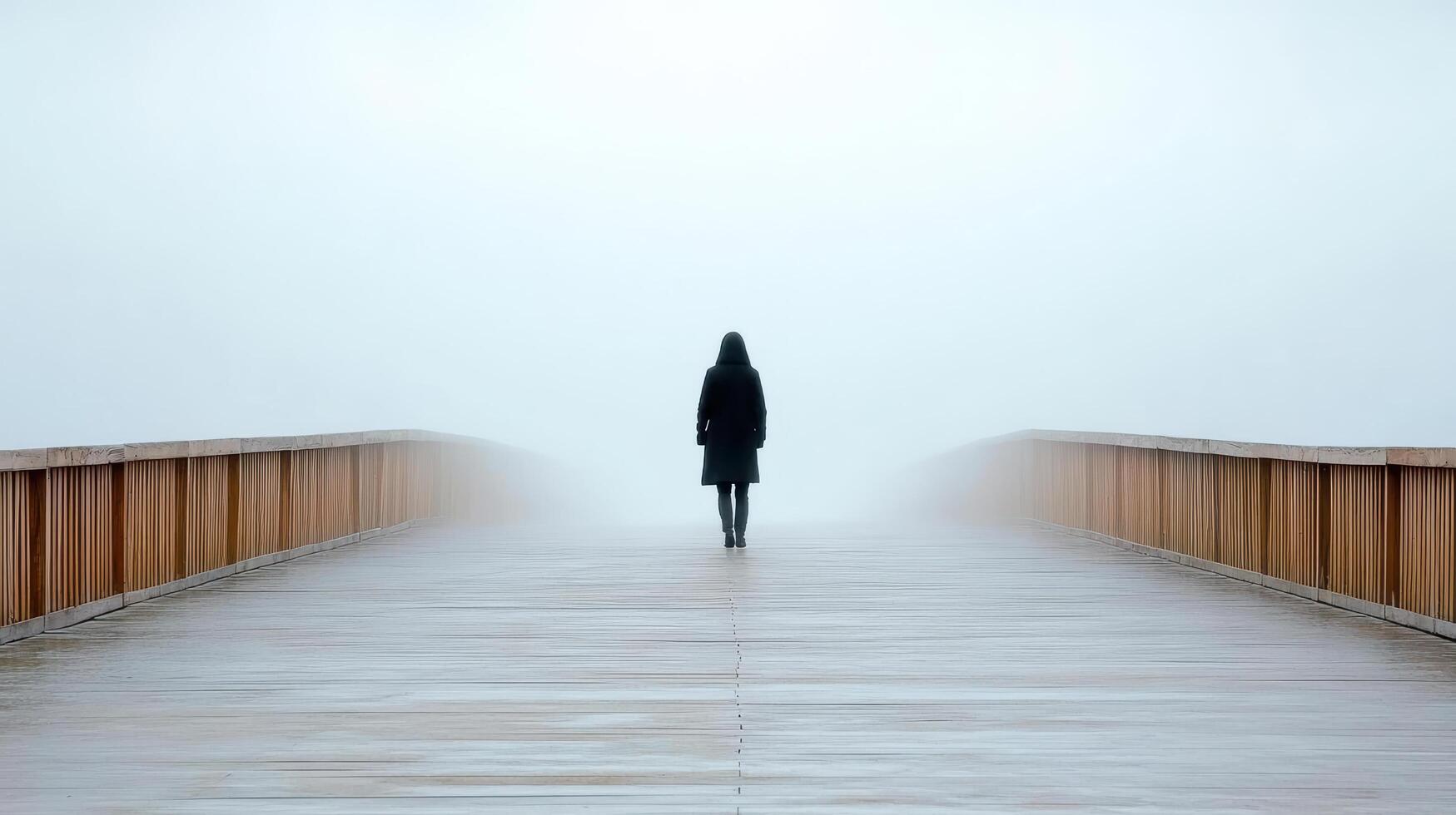 A person walking on a bridge in the fog photo