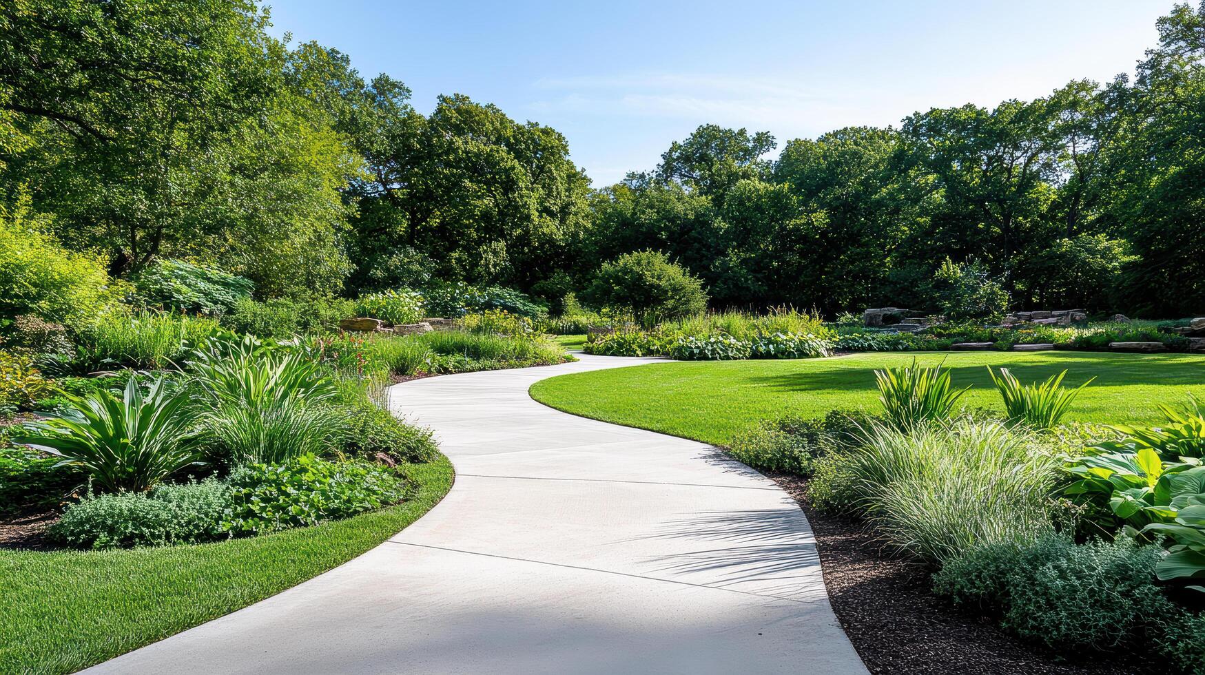 A pathway in a park with trees and grass photo