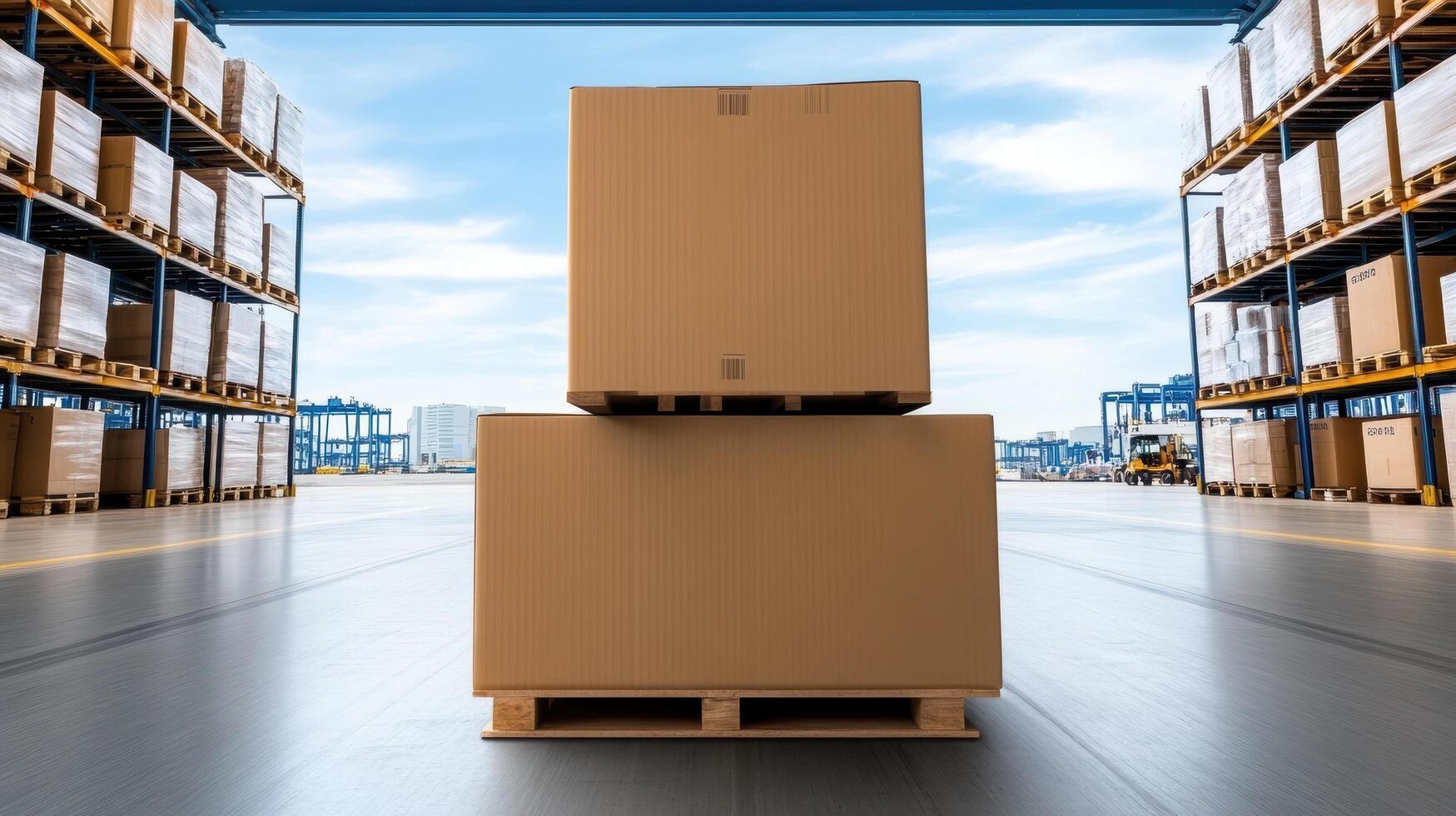 A large warehouse with boxes and pallets photo
