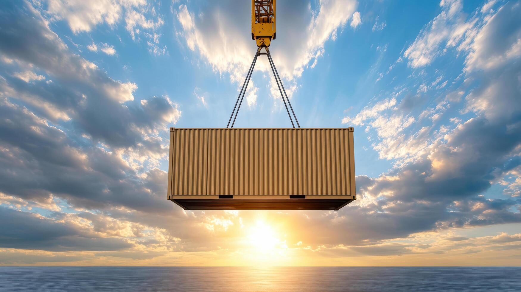 A crane lifting a container over the ocean photo