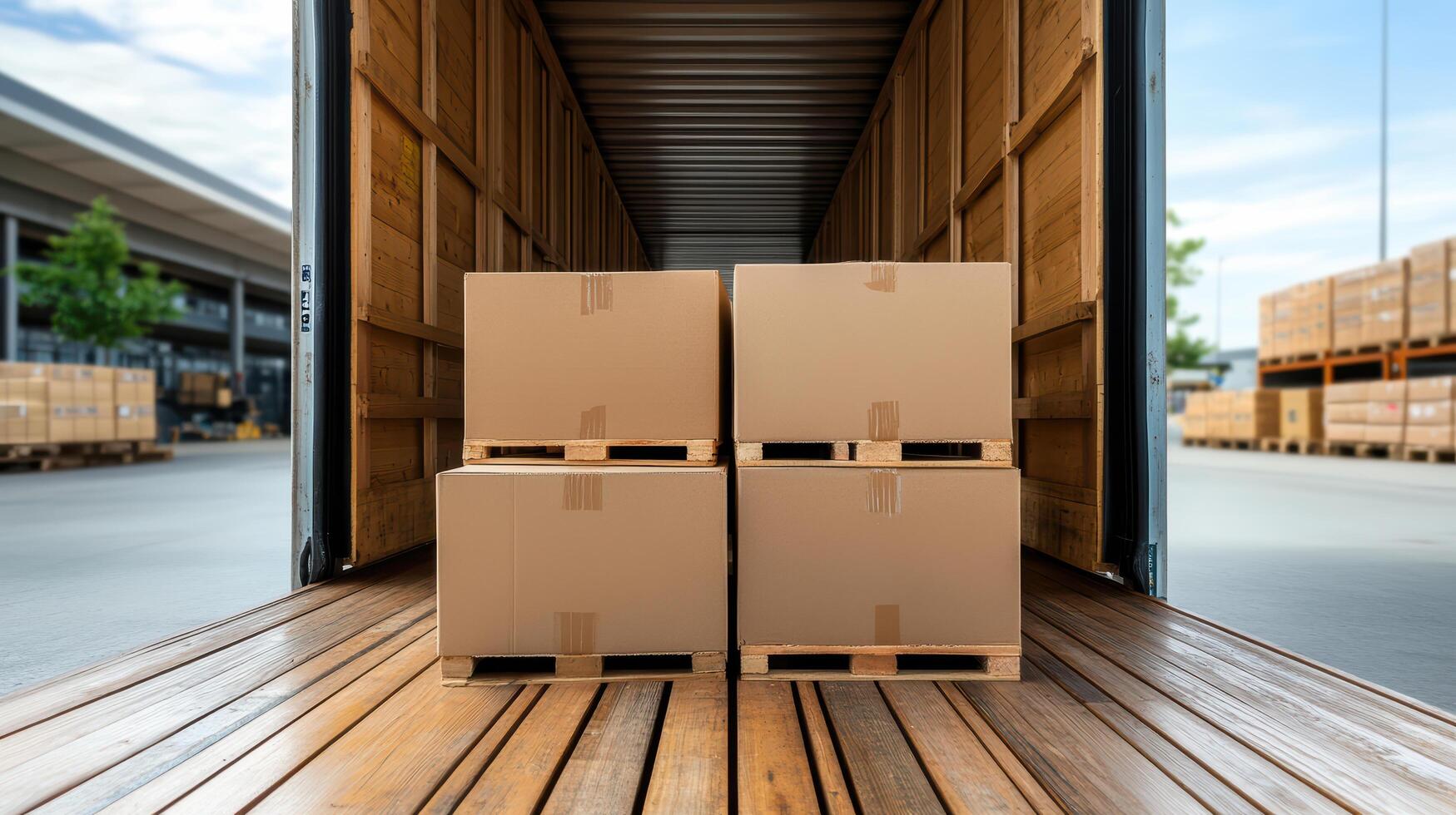 Three boxes are sitting on the back of a moving truck photo