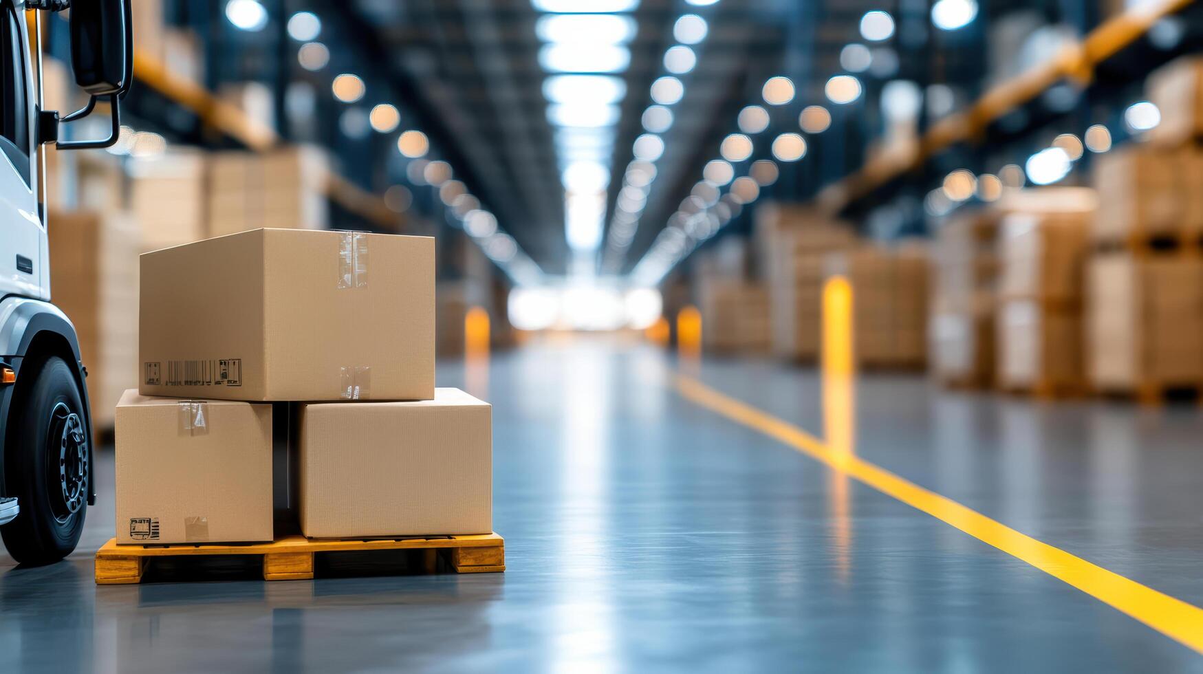 A truck is driving down a warehouse aisle with boxes on pallets photo