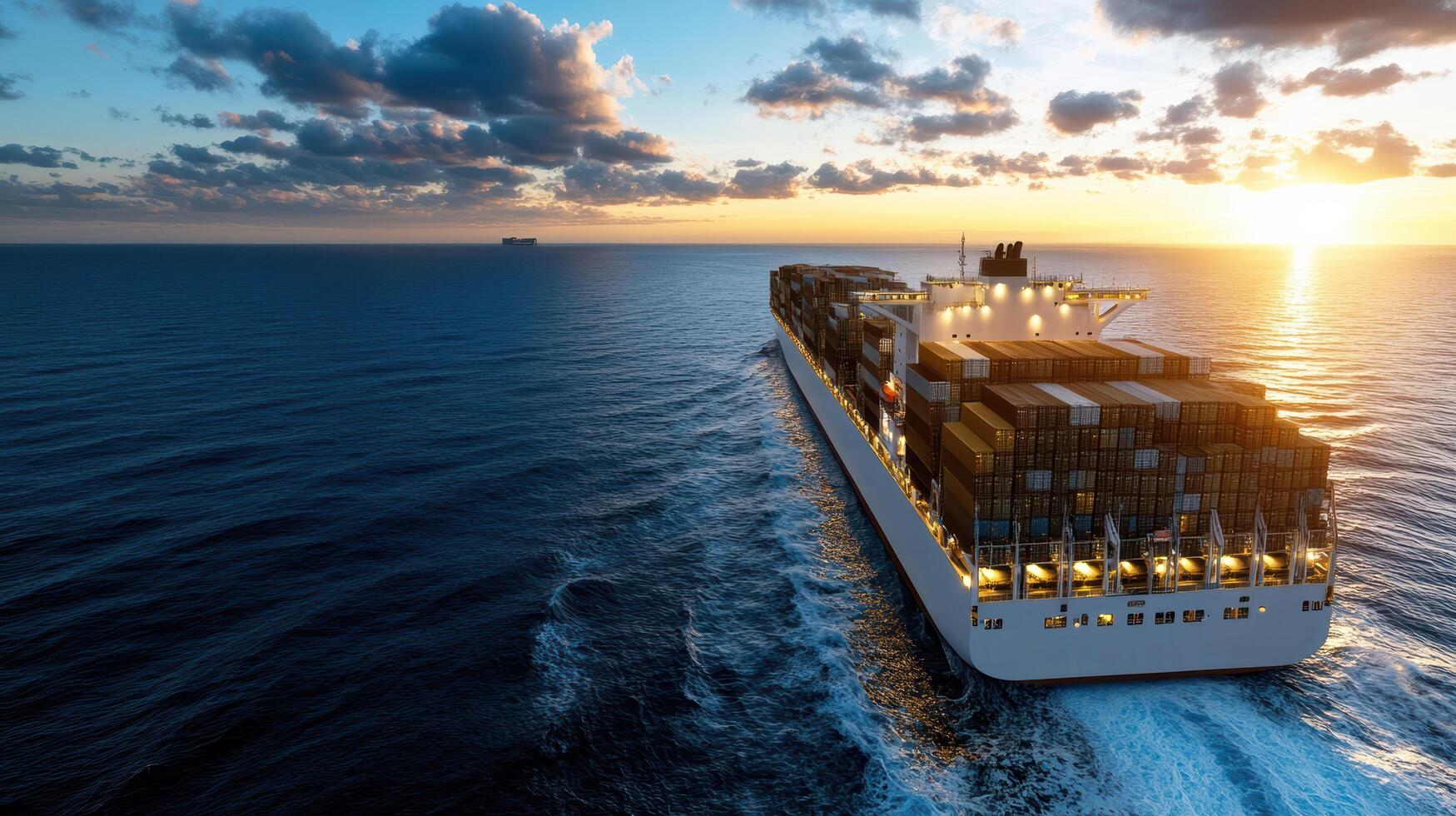 A container ship traveling across the ocean at sunset photo