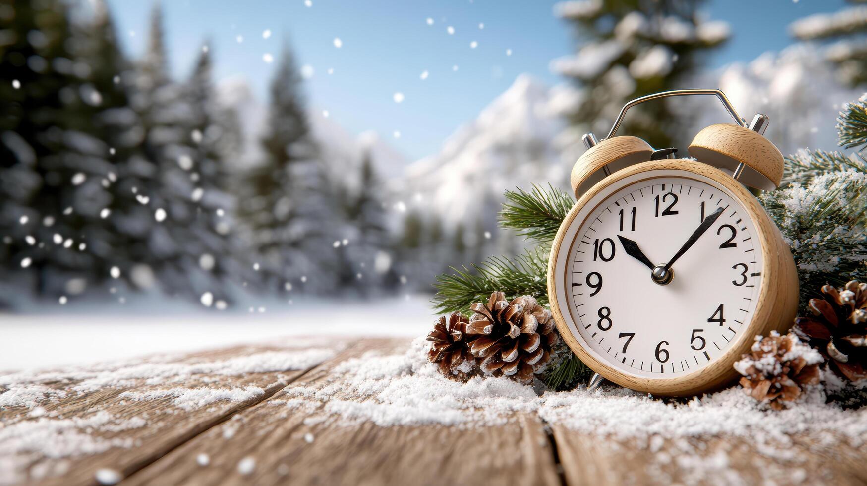 An alarm clock is sitting on a snowy table photo