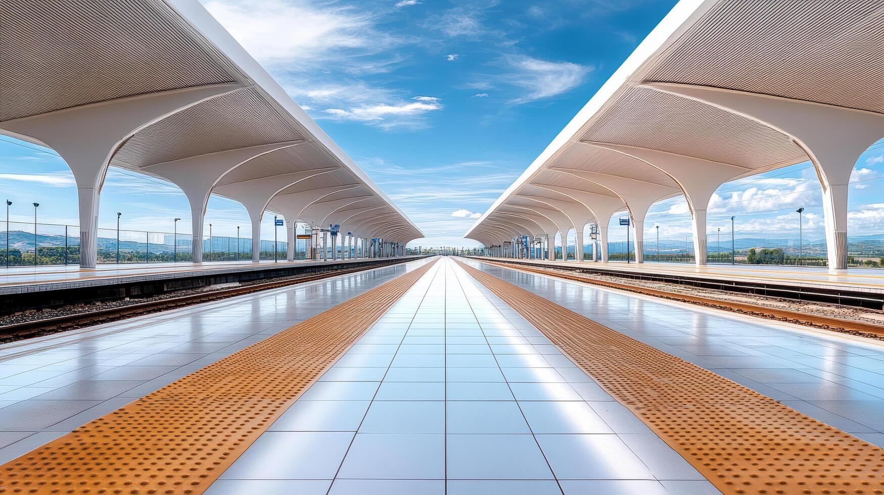A train station with a long platform and a blue sky photo