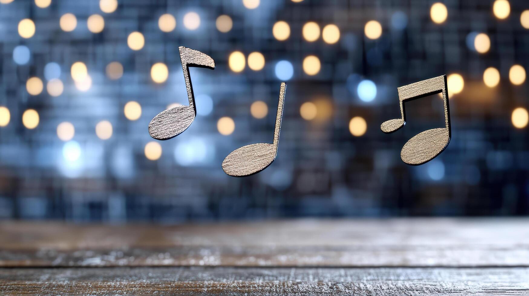 Wooden musical notes floating in the air over a table with a blurred background photo
