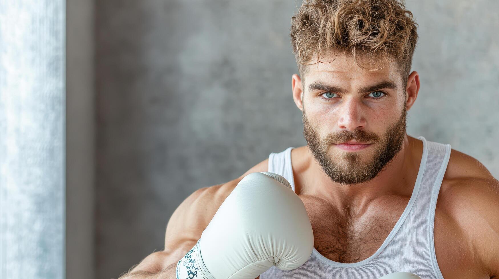 A man with a beard and a beard is wearing boxing gloves photo