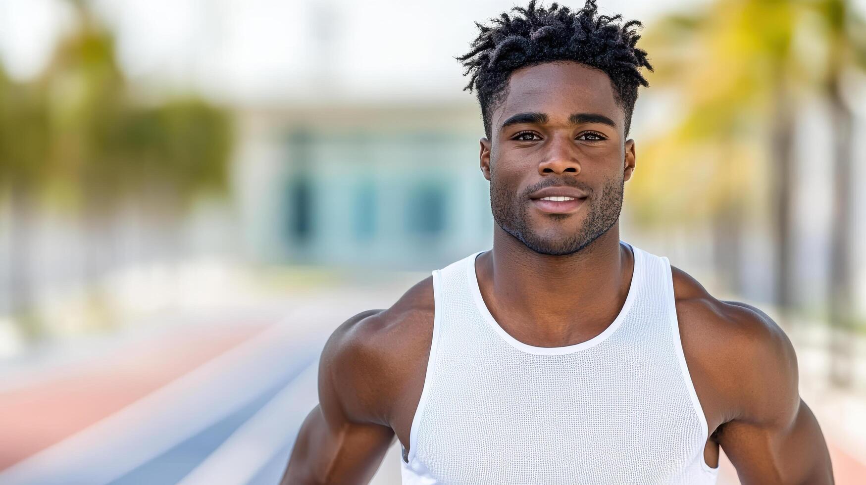 A man in a tank top is standing on a running track photo