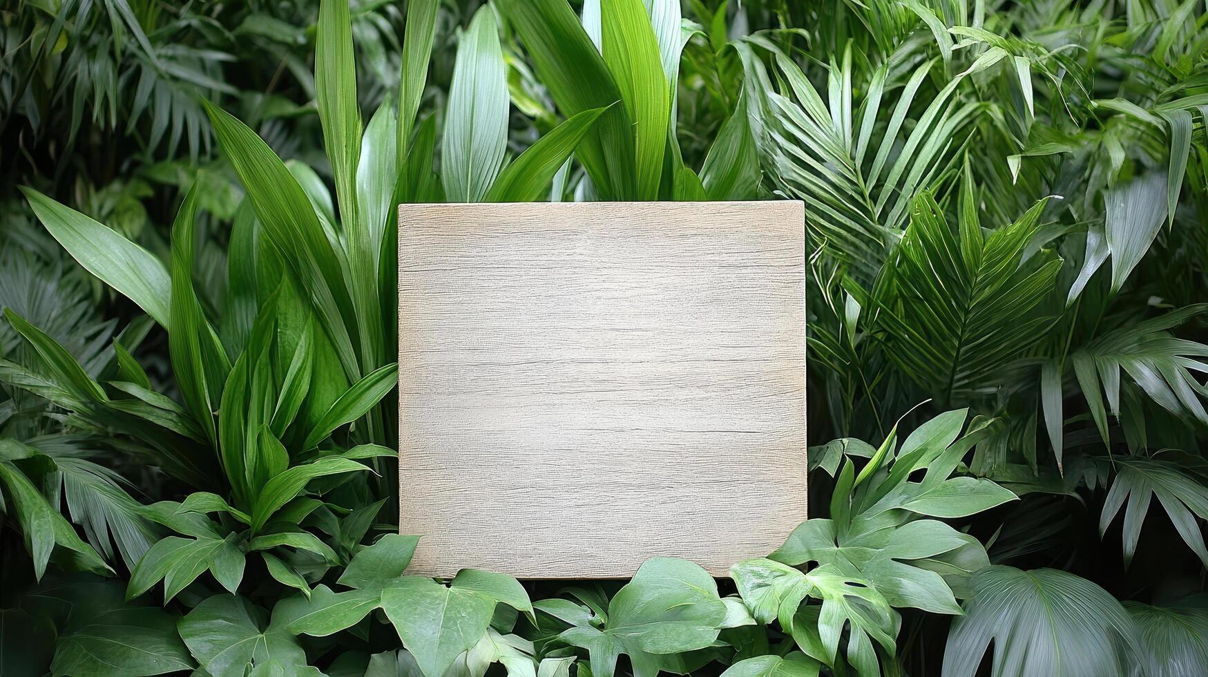 A blank wooden sign in the middle of a jungle photo