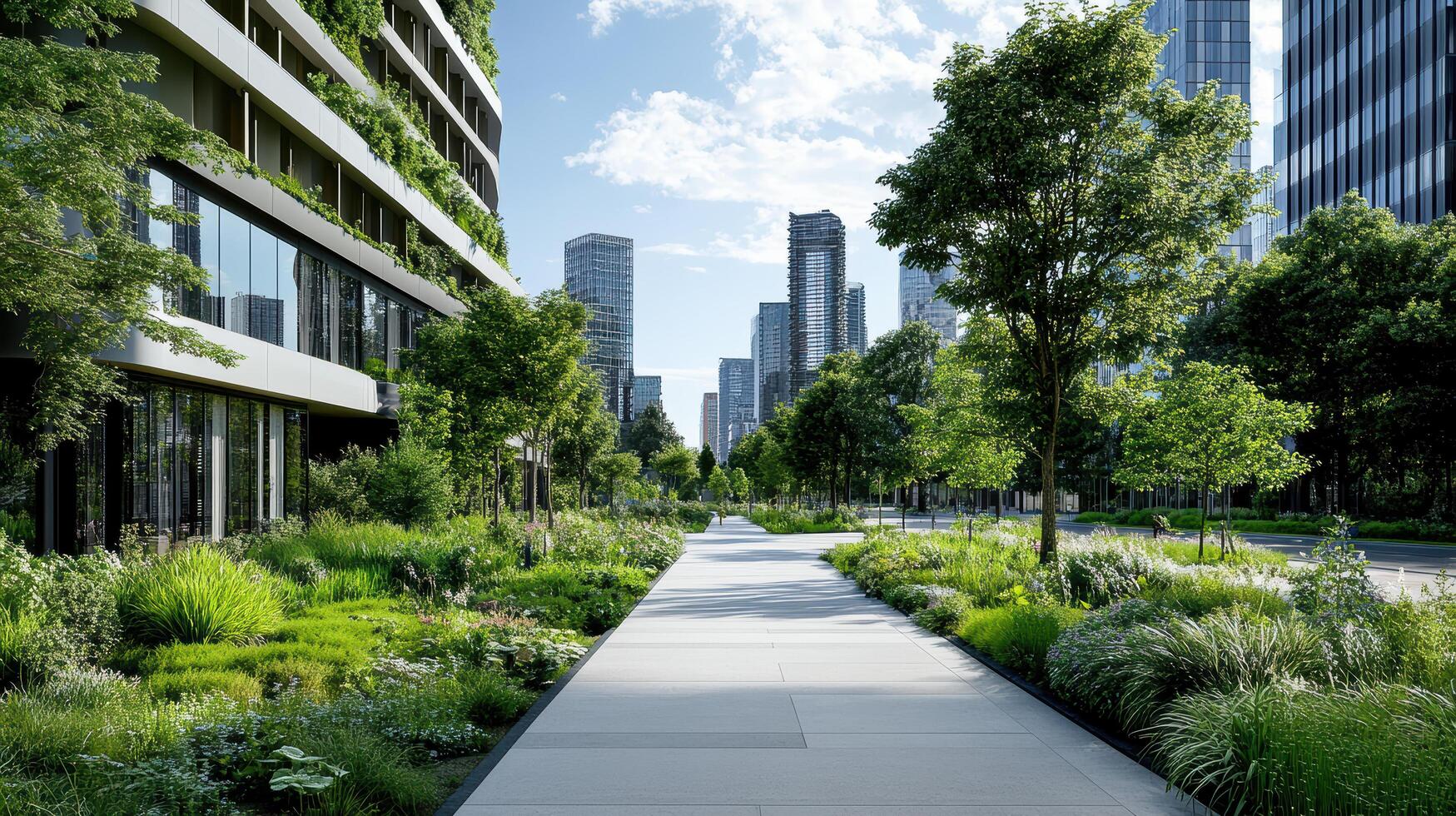 A walkway in front of tall buildings with plants and trees photo
