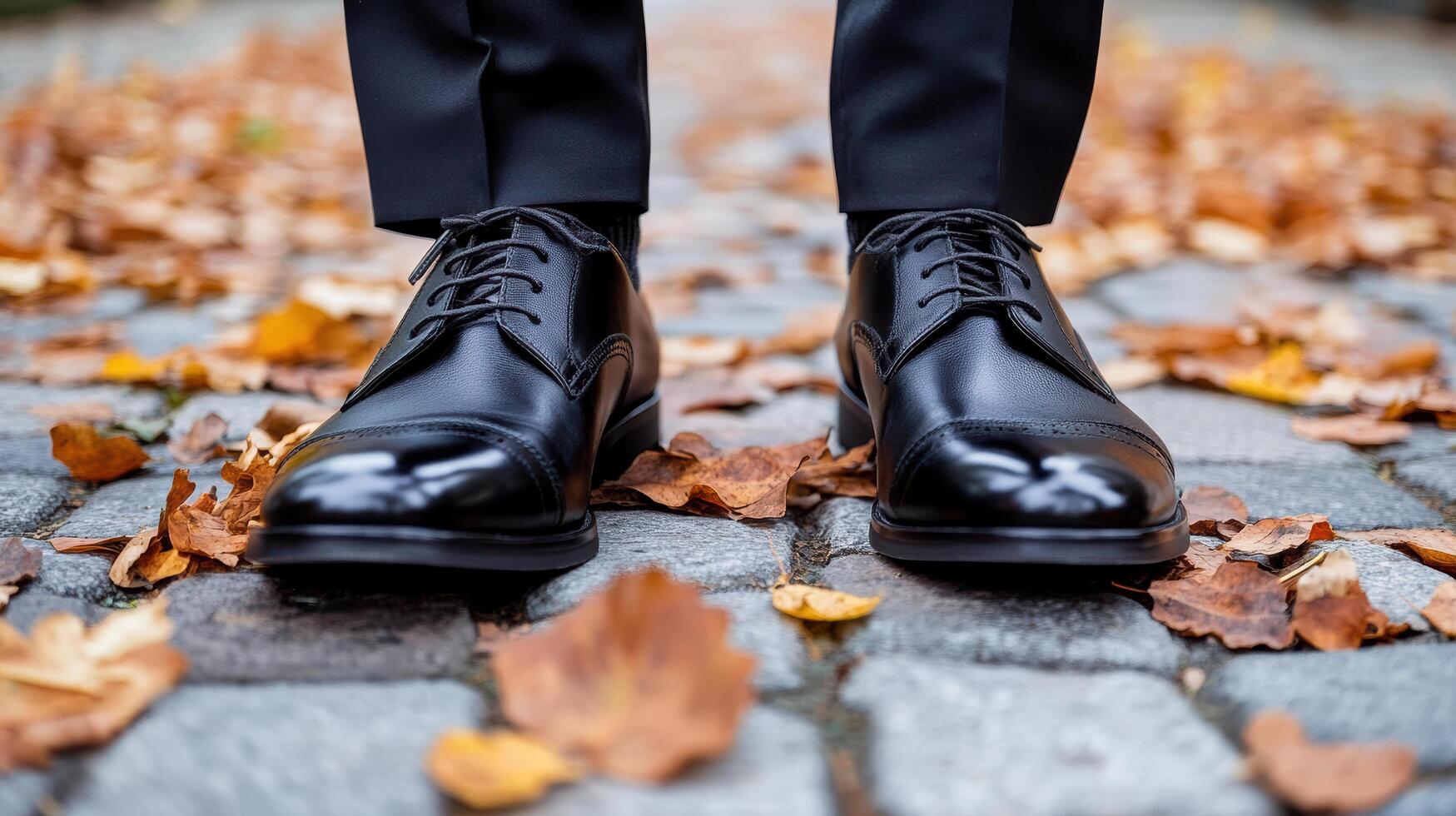 A man in black shoes standing on a cobblestone path photo