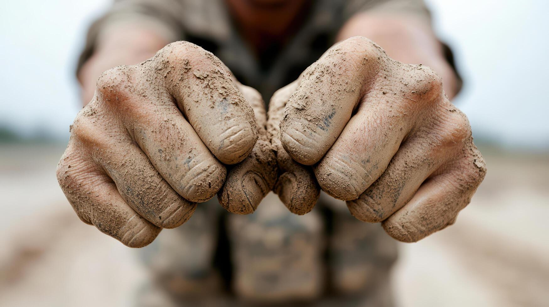 A man with dirty hands holding up two fingers photo