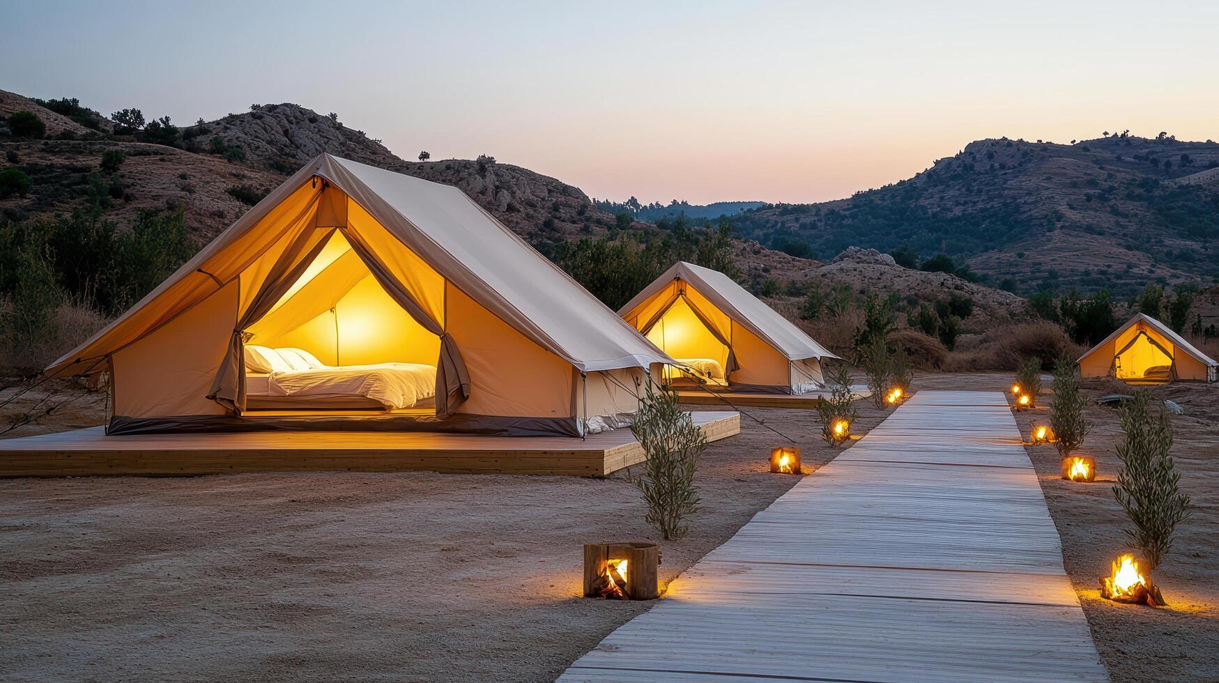 A group of tents in the desert with candles lit photo