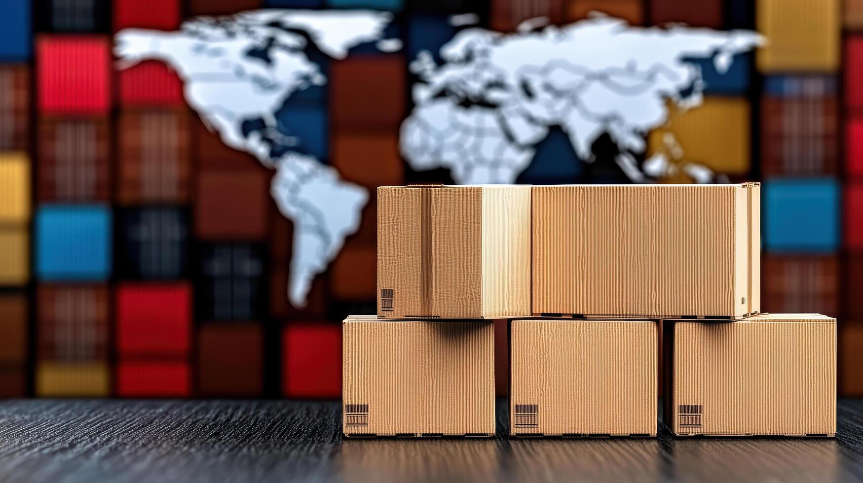 Shipping boxes on a wooden table with a world map background photo