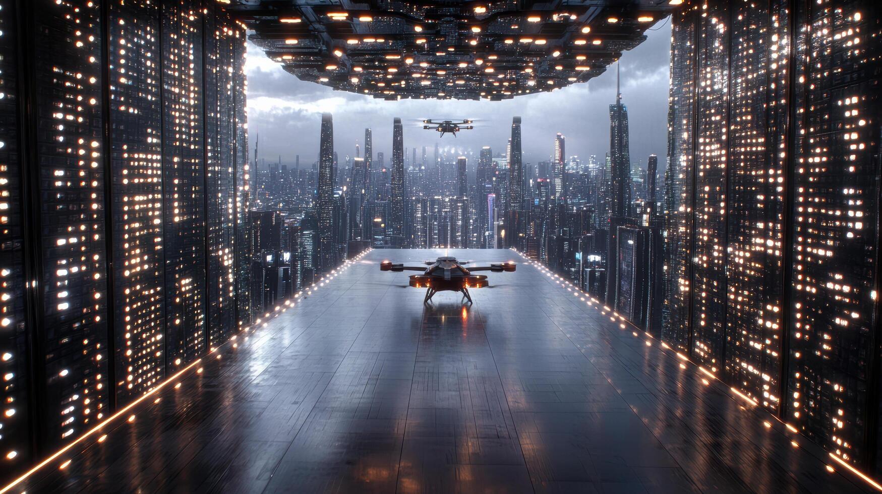 A futuristic city with a large building in the background photo