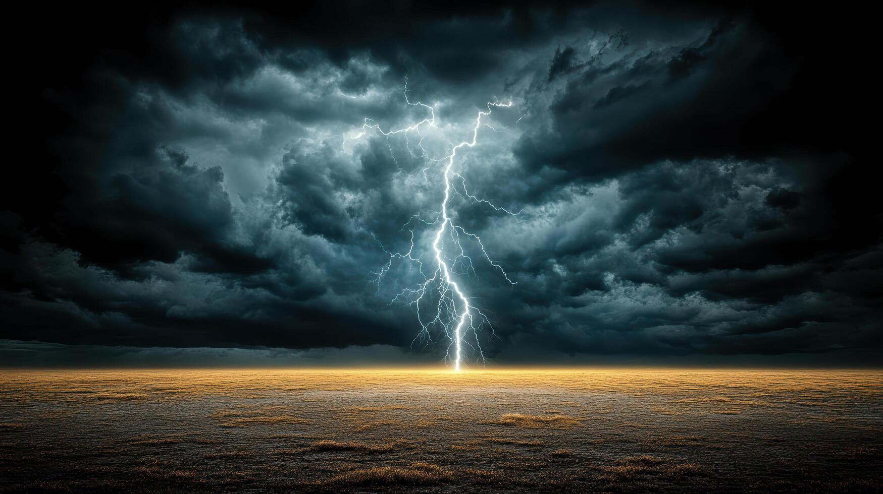 A lightning bolt strikes through the sky in a dark and stormy sky photo